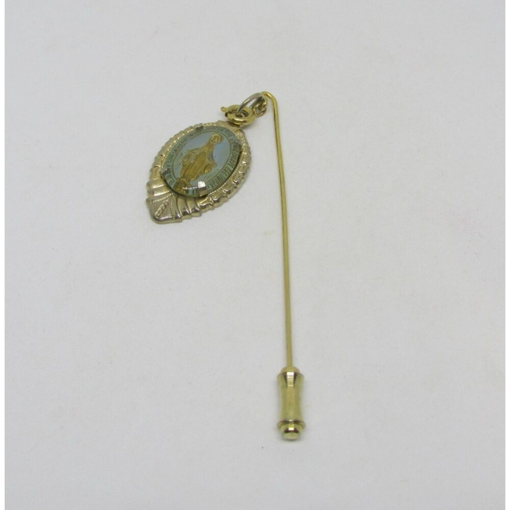 Vintage Reverse Painted Glass Miraculous Medal Stick Pin Gold Tone Mary Cabochon